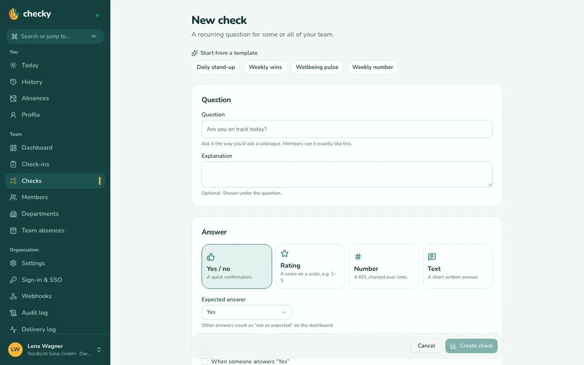Editor de checks: pregunta, tipo, calendario, ventana de respuesta