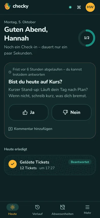 Vue Aujourd'hui sur mobile : répondre à un check-in en quelques secondes